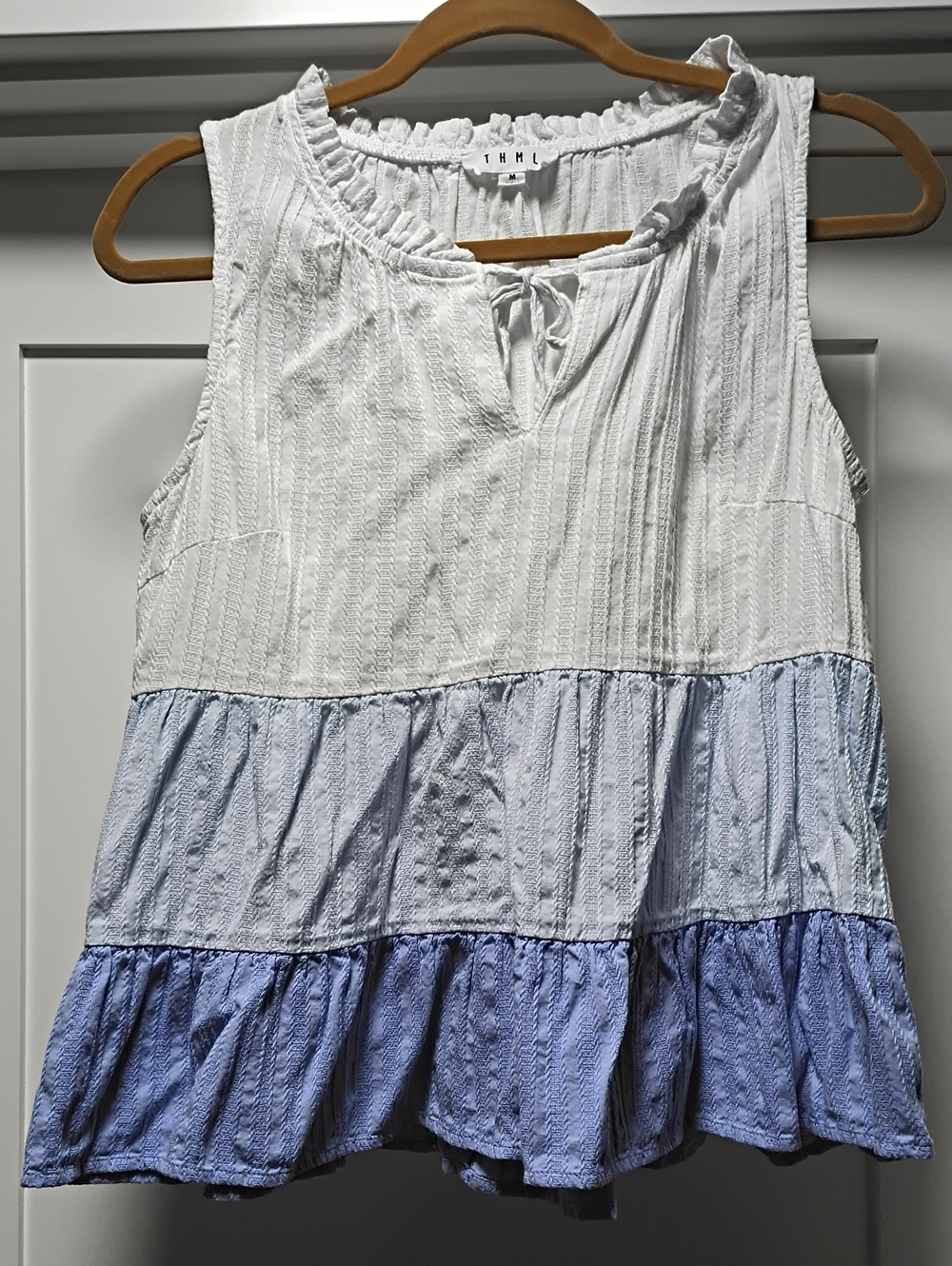 THML White to Blue Tiered Sleeveless Ruffle Tank